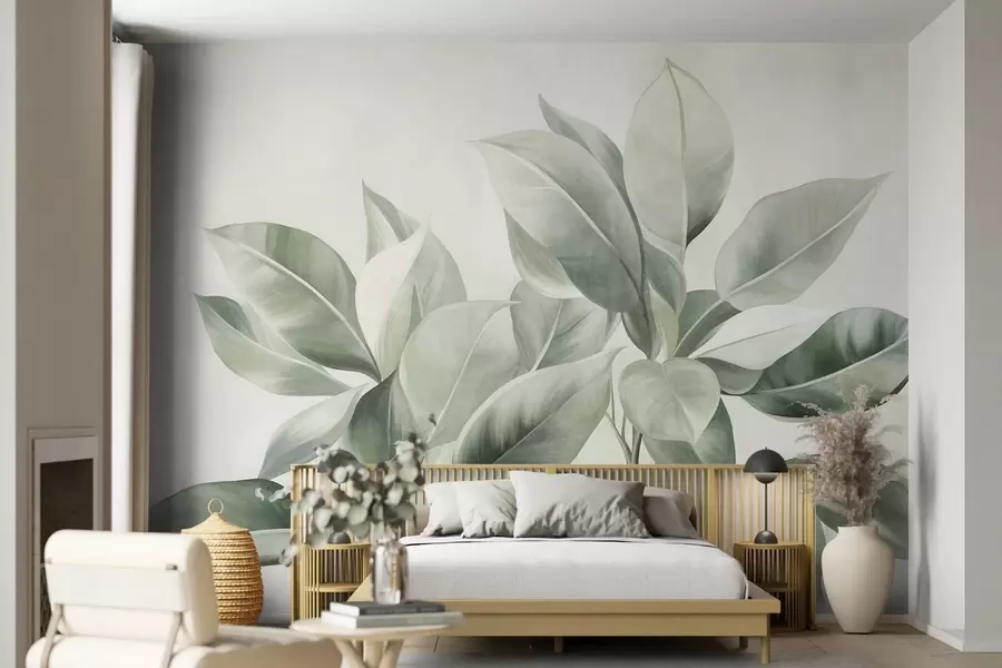 wall murals Light green leaves against a pale, soft background, textured boho style w09909