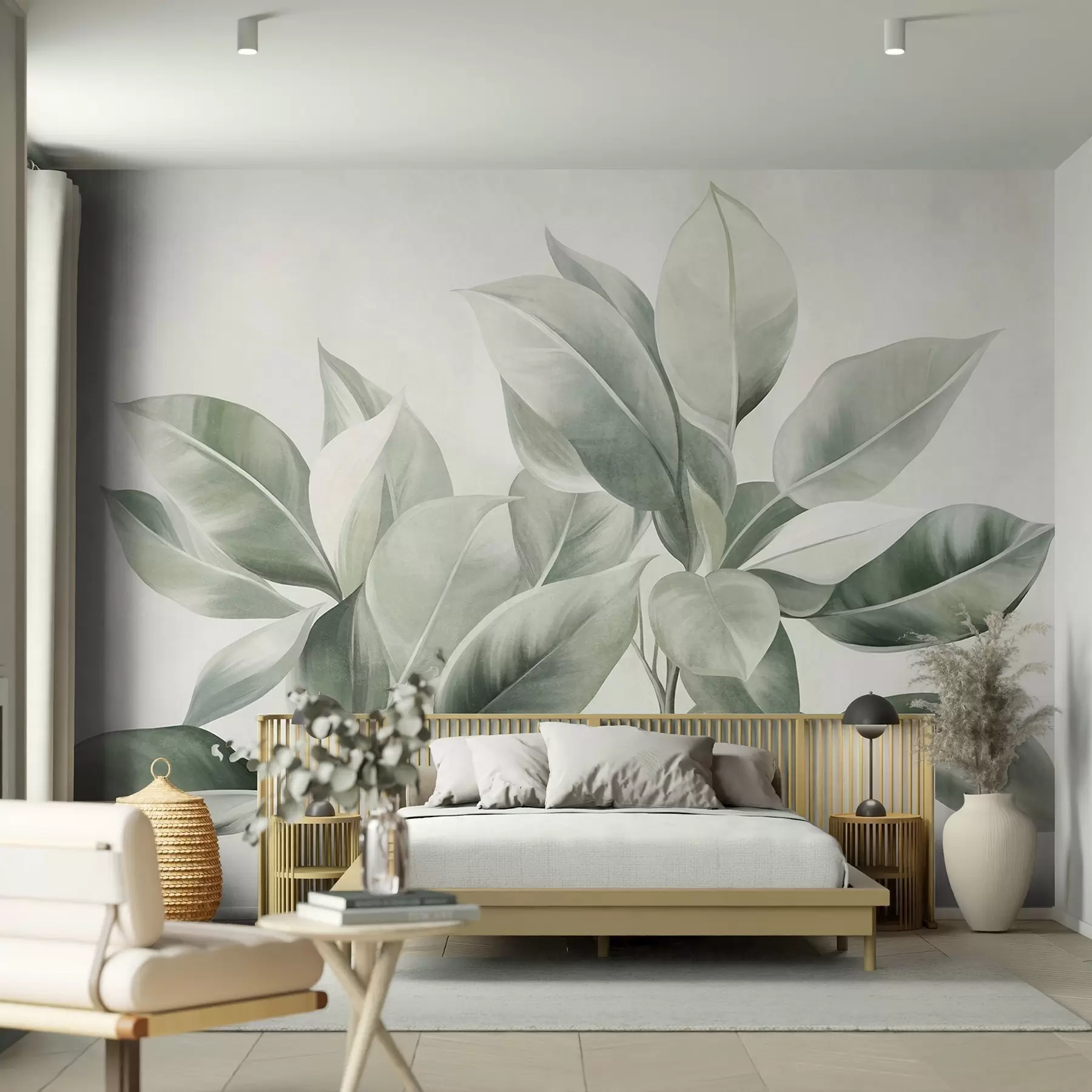 wall murals Light green leaves against a pale, soft background, textured boho style w09909