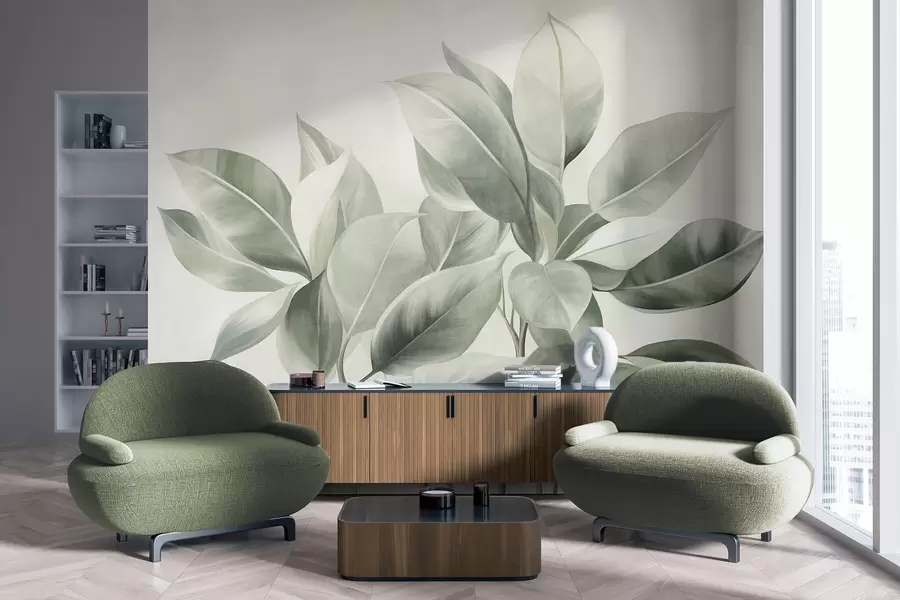 wall murals Light green leaves against a pale, soft background, textured boho style w09909