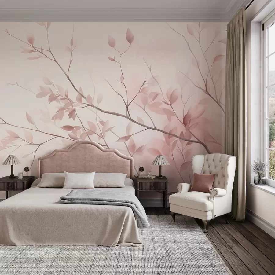 wall murals Delicate branches with soft pink leaves against a pale background, watercolor style w09910