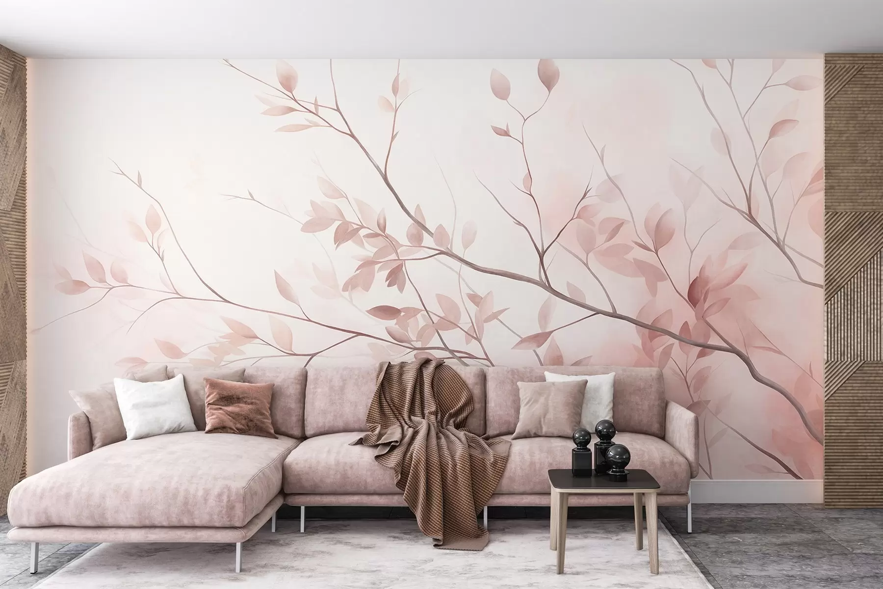 wall murals Delicate branches with soft pink leaves against a pale background, watercolor style w09910