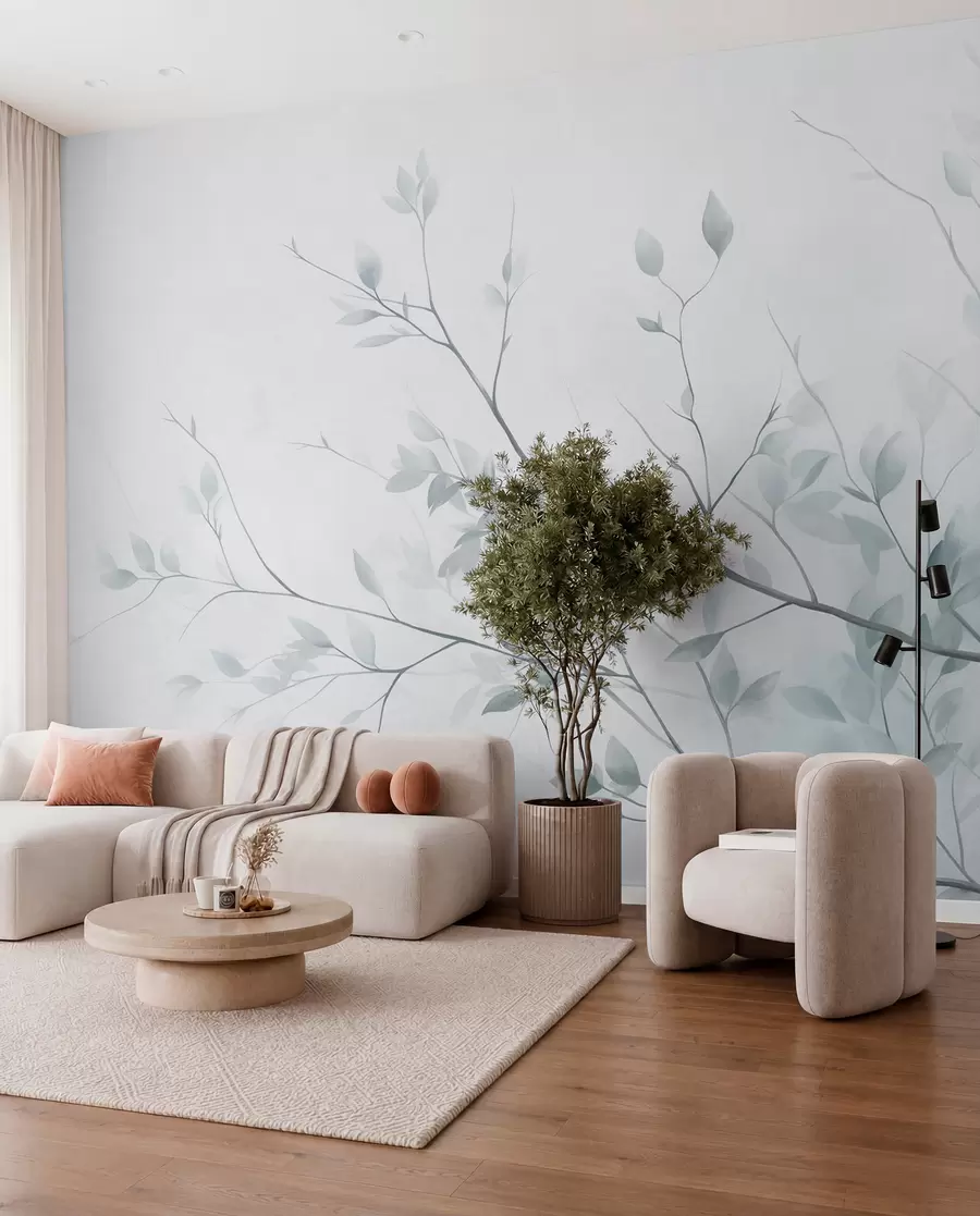 wall murals Delicate branches with soft pink leaves against a pale background, watercolor style w09910v1