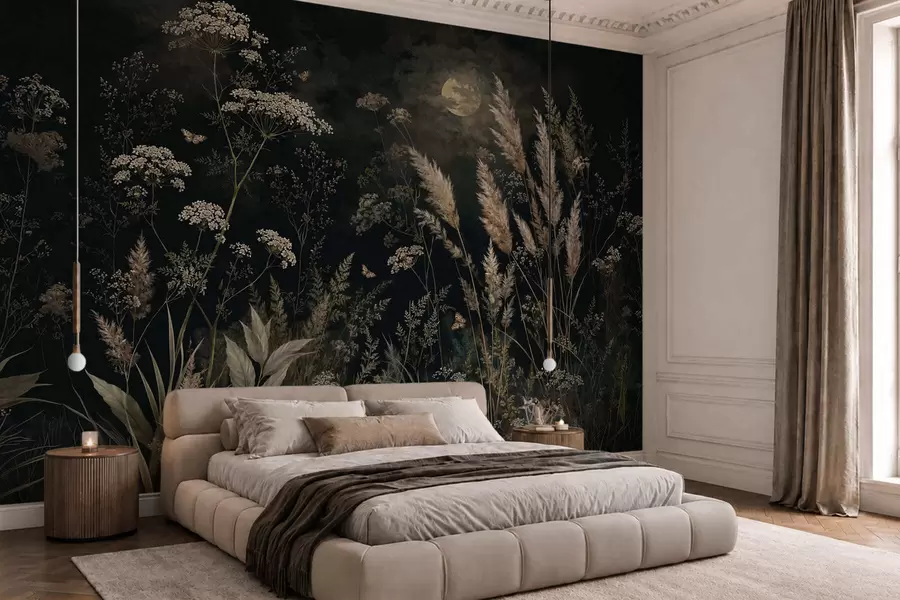 wall murals Moonlit meadow with wild grasses and flowers w05701