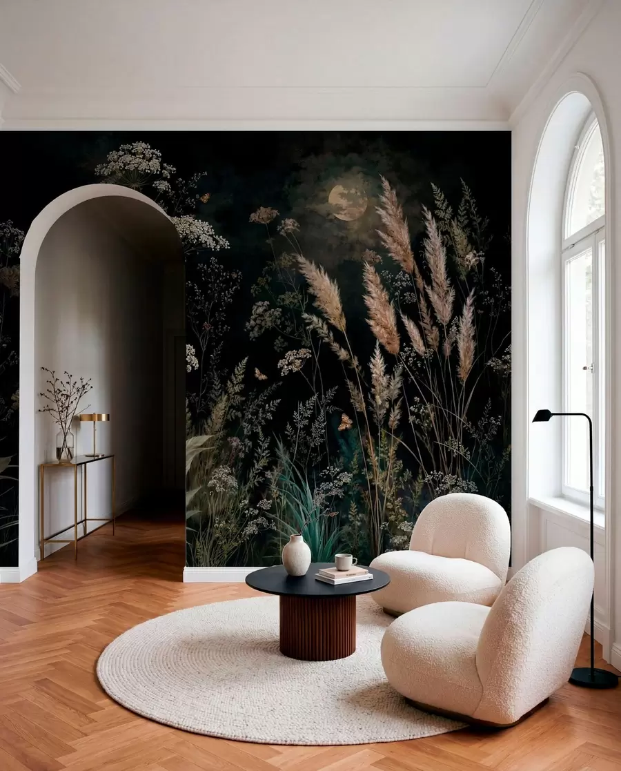 wall murals Moonlit meadow with wild grasses and flowers w05701