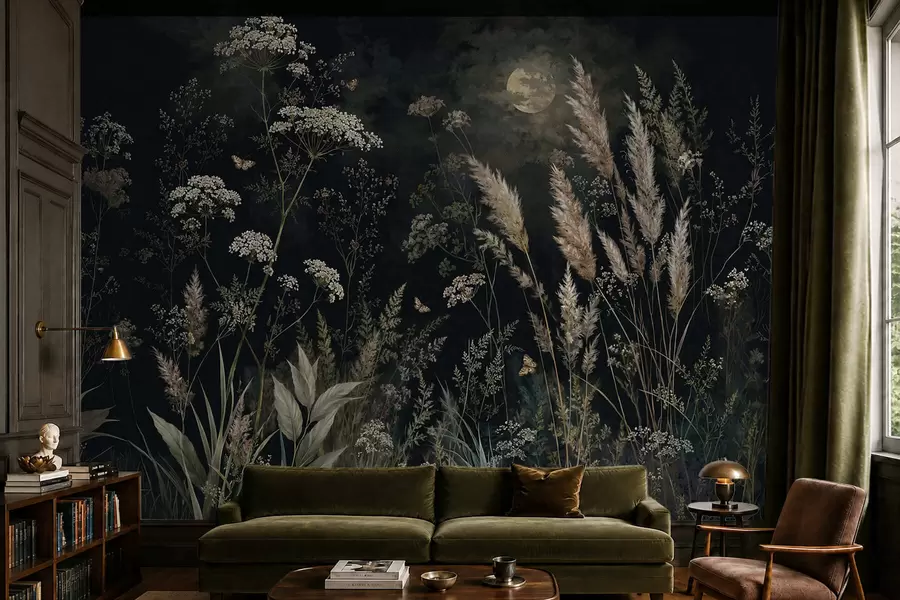 wall murals Moonlit meadow with wild grasses and flowers w05701