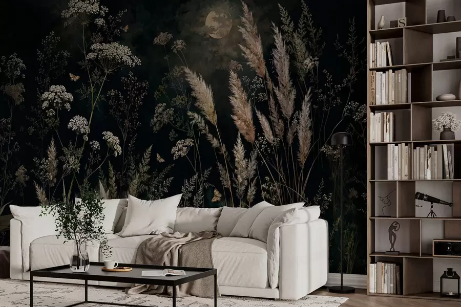 wall murals Moonlit meadow with wild grasses and flowers w05701
