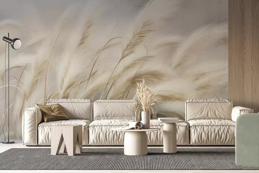 wall murals Tall pampas grass swaying gently in the wind against a soft, muted background, textured art w09825