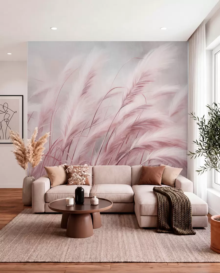 wall murals Tall pampas grass swaying gently in the wind against a soft, muted background, textured art w09825v1