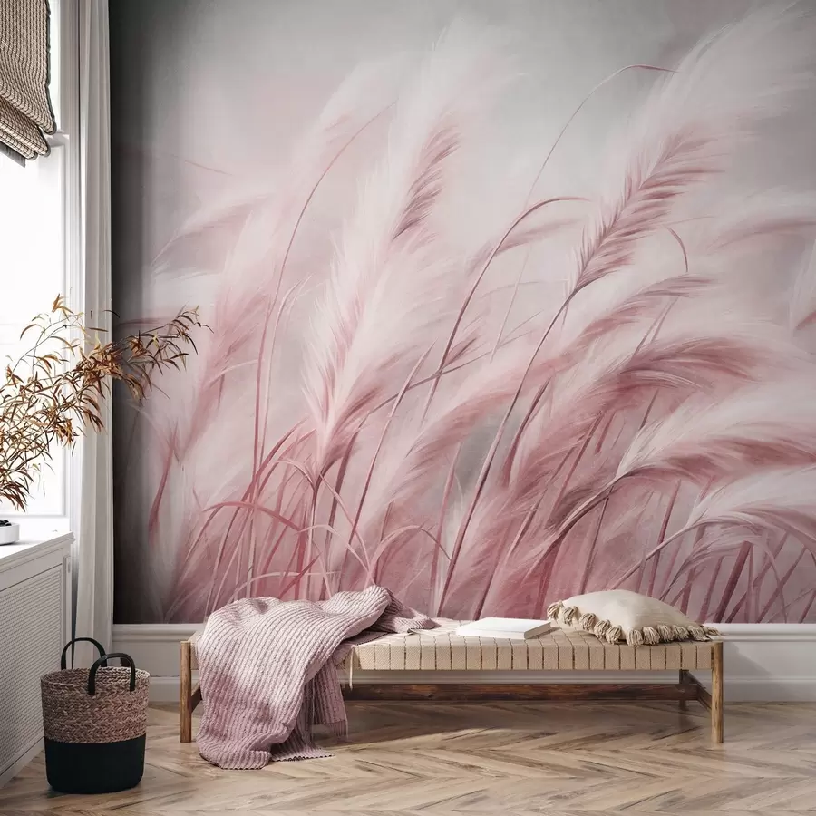 wall murals Tall pampas grass swaying gently in the wind against a soft, muted background, textured art w09825v1