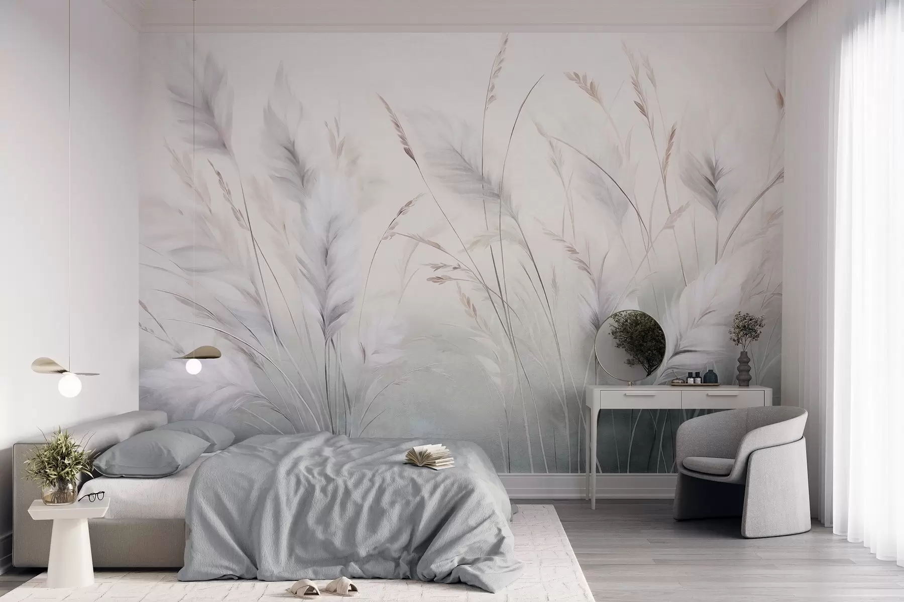 wall murals Tall, feathery grass sway gently against a soft, muted background, delicate natural art w09831