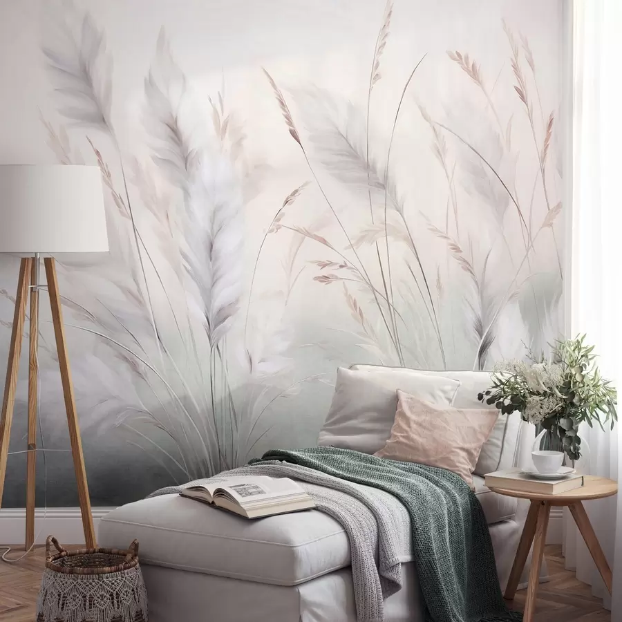 wall murals Tall, feathery grass sway gently against a soft, muted background, delicate natural art w09831