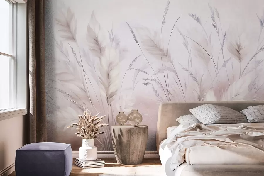 wall murals Tall, feathery grass sway gently against a soft, muted background, delicate natural art w09831v1