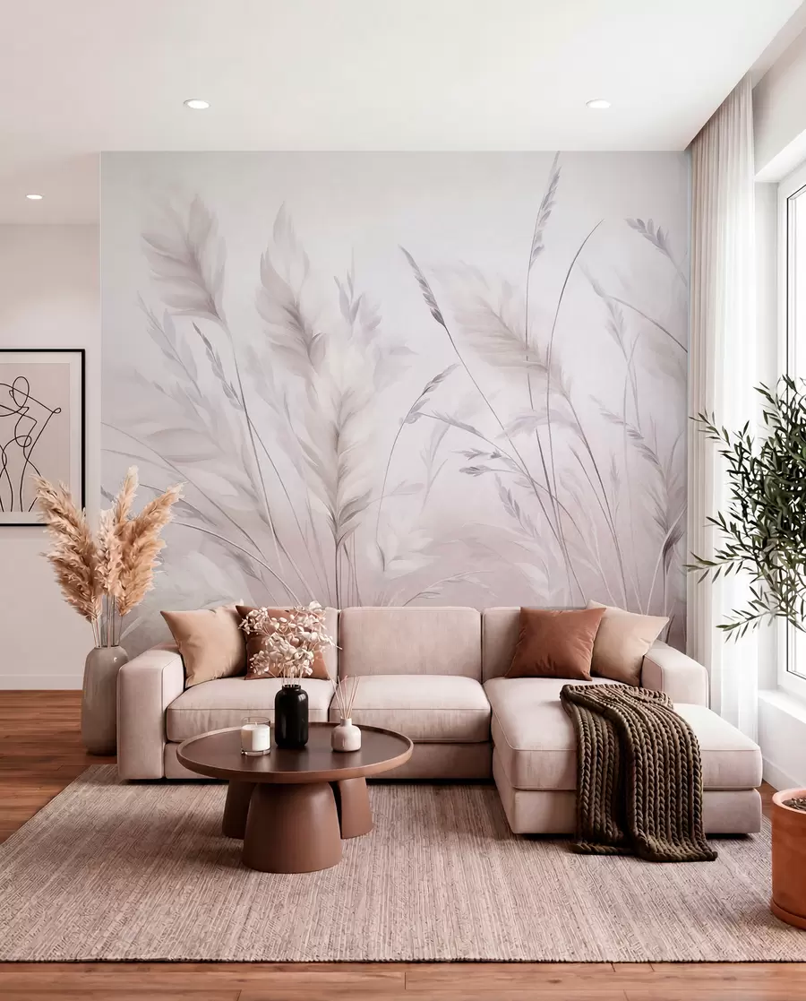 wall murals Tall, feathery grass sway gently against a soft, muted background, delicate natural art w09831v1