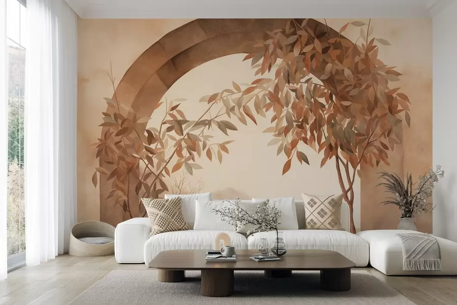 wall murals An arch with a landscape, trees and foliage in muted autumnal colors, textured art w09907