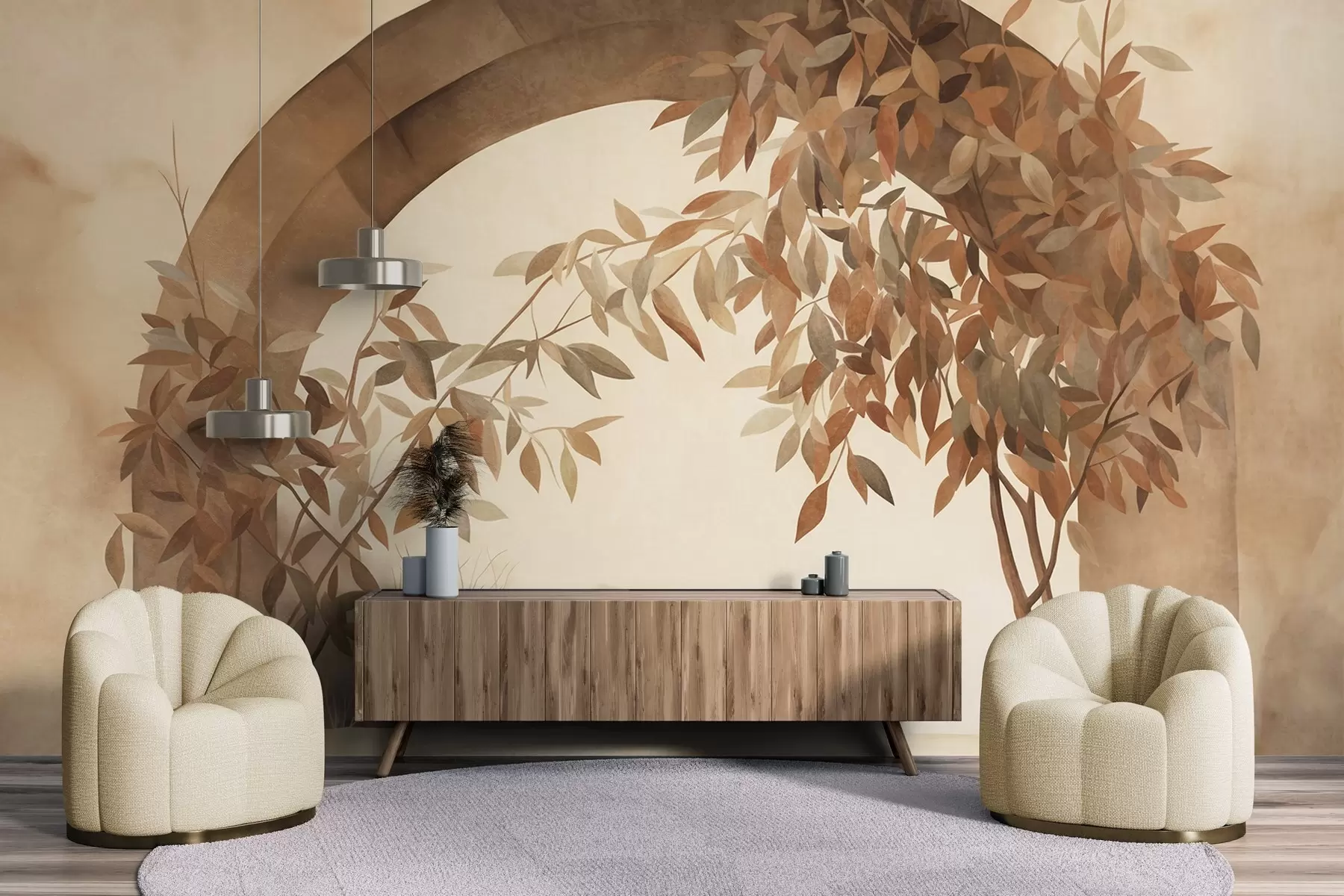 wall murals An arch with a landscape, trees and foliage in muted autumnal colors, textured art w09907