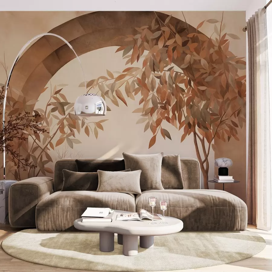 wall murals An arch with a landscape, trees and foliage in muted autumnal colors, textured art w09907