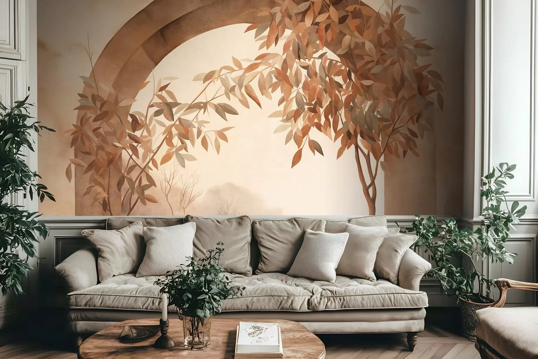 wall murals An arch with a landscape, trees and foliage in muted autumnal colors, textured art w09907