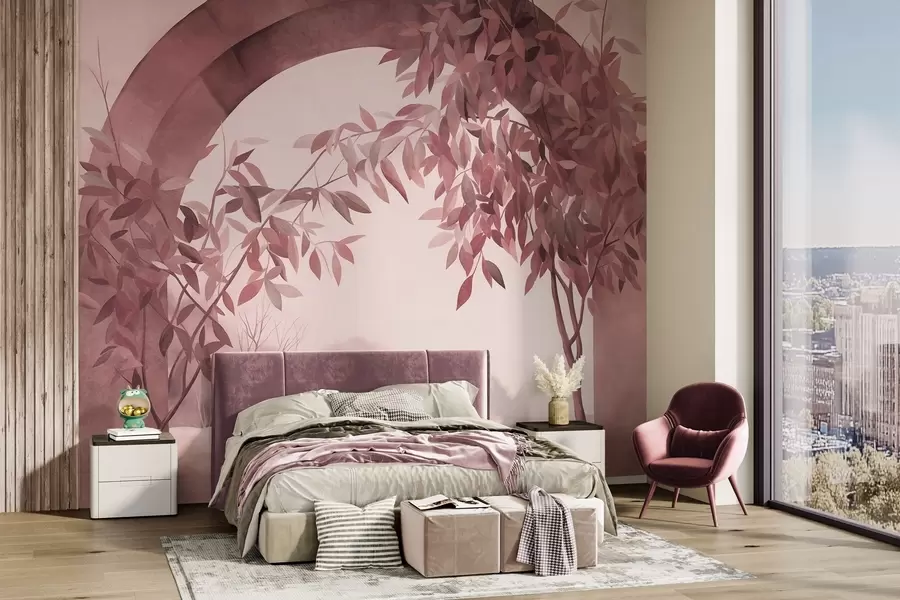 wall murals An arch with a landscape, trees and foliage in muted pink and gray colors, textured art w09907v1