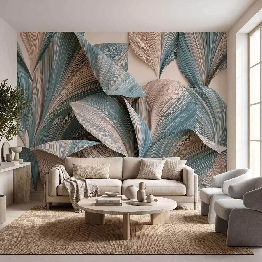 wall murals Volumetric tropical leaves in calm beige and blue tones w09914