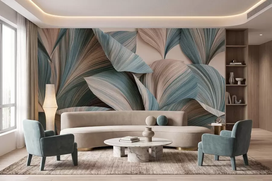 wall murals Volumetric tropical leaves in calm beige and blue tones w09914