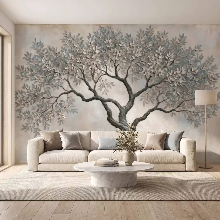 wall murals Tree in oil painting style in calm natural gray-beige tones w09919