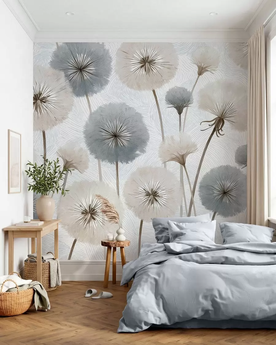 wall murals Airy fluffy dandelions in a soft natural palette w09936