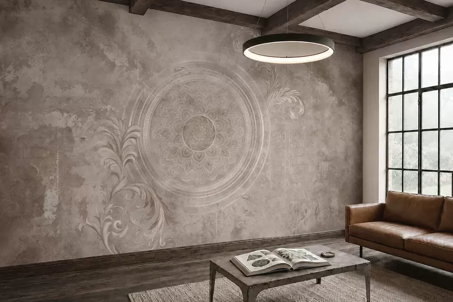 wall murals Ornamental circular pattern on a textured background w05727