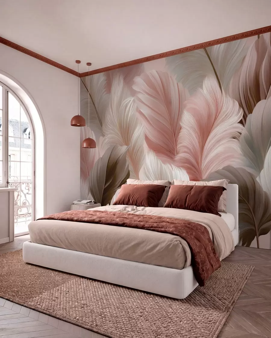wall murals Layered Feathers in Rose w05743