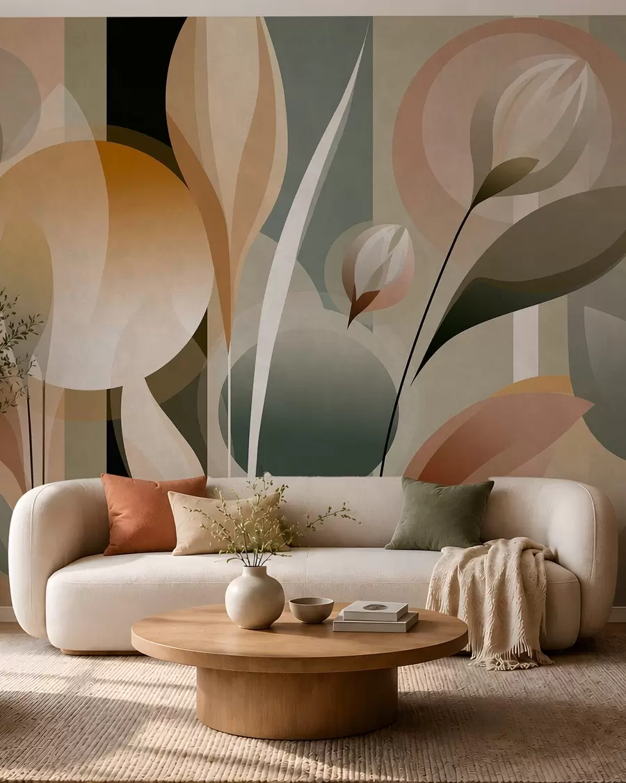 wall murals a stylised abstraction featuring plants in natural colours w05750