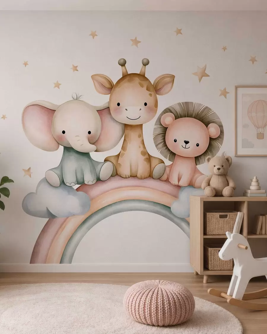 wall murals a rainbow with animals amongst the stars, in a watercolour style w05752