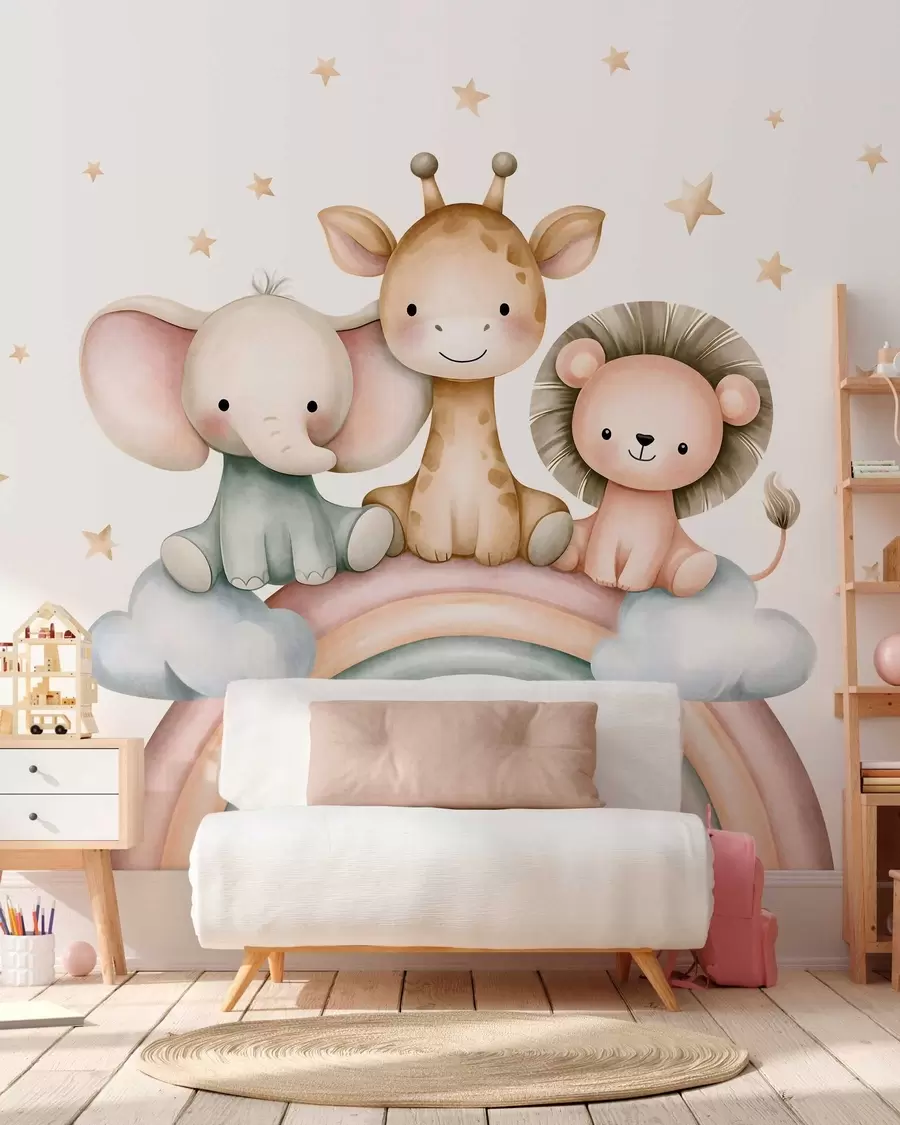wall murals a rainbow with animals amongst the stars, in a watercolour style w05752