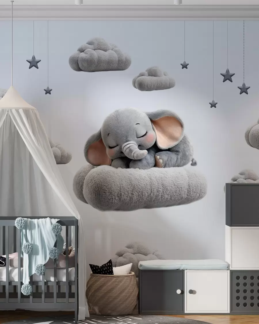 wall murals a cute little elephant in 3D style, sleeping amongst fluffy clouds w05754