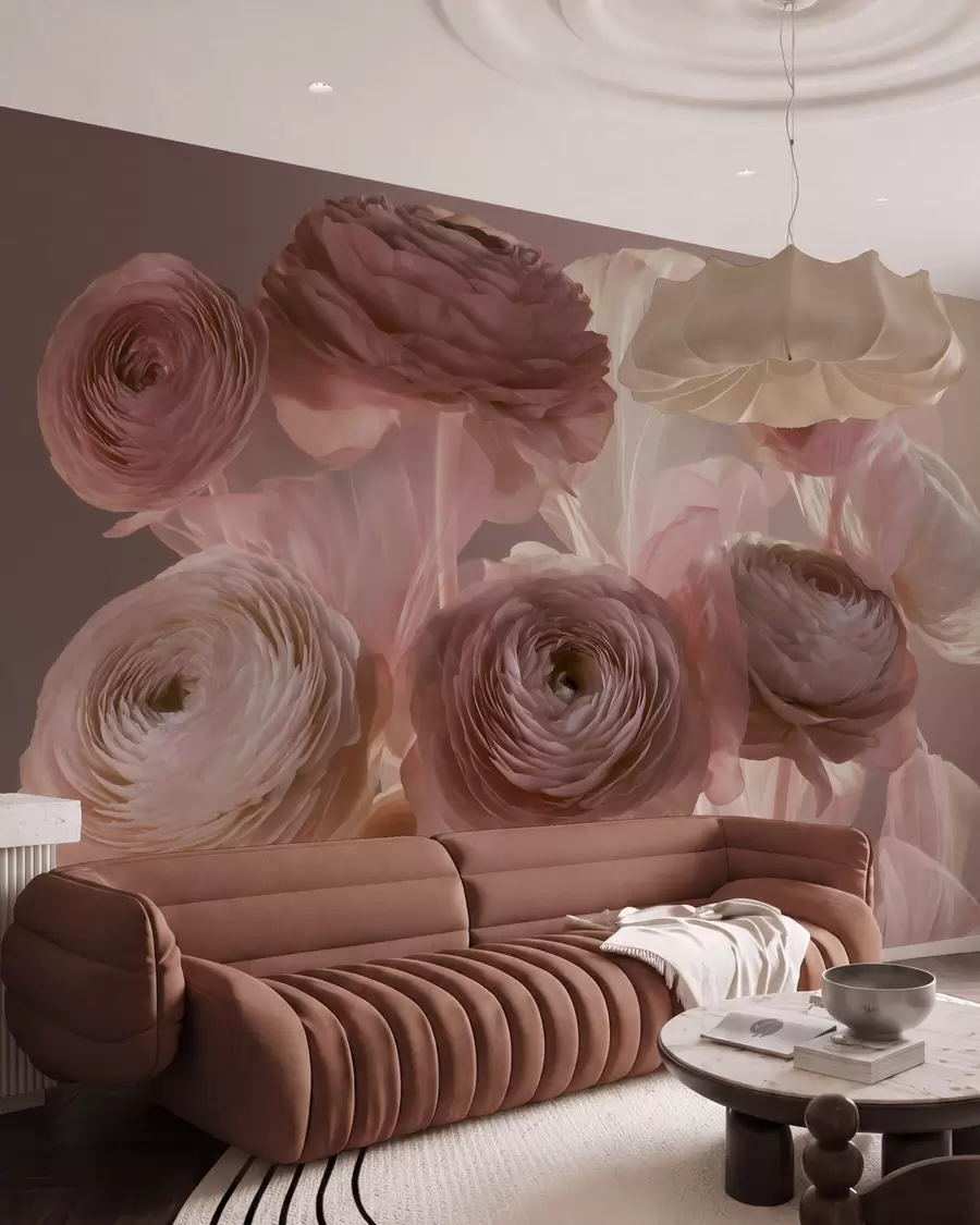 wall murals Large artistic ranunculus flowers in soft pink and cream tones w09921
