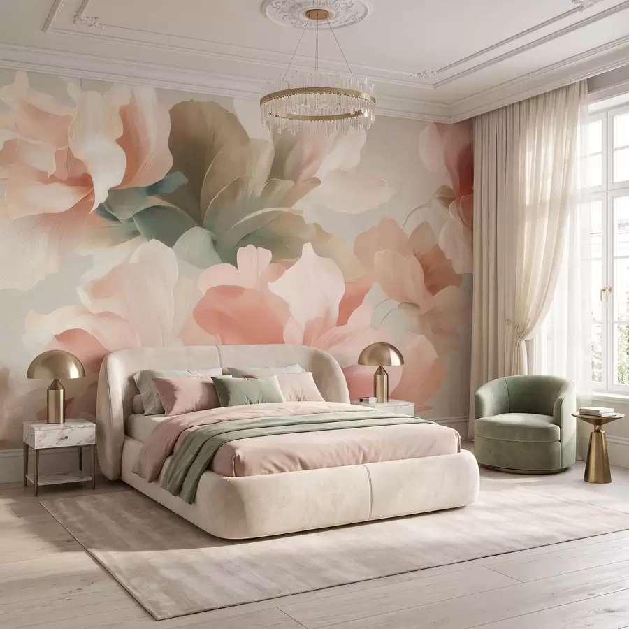 wall murals Large artistic flowers in soft pastel shades of cream, pink, and green w09935