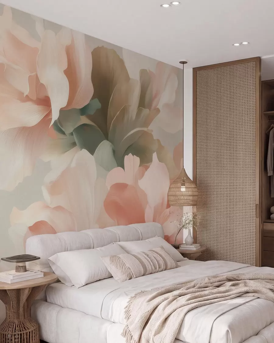wall murals Large artistic flowers in soft pastel shades of cream, pink, and green w09935