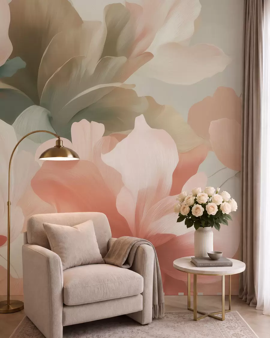 wall murals Large artistic flowers in soft pastel shades of cream, pink, and green w09935