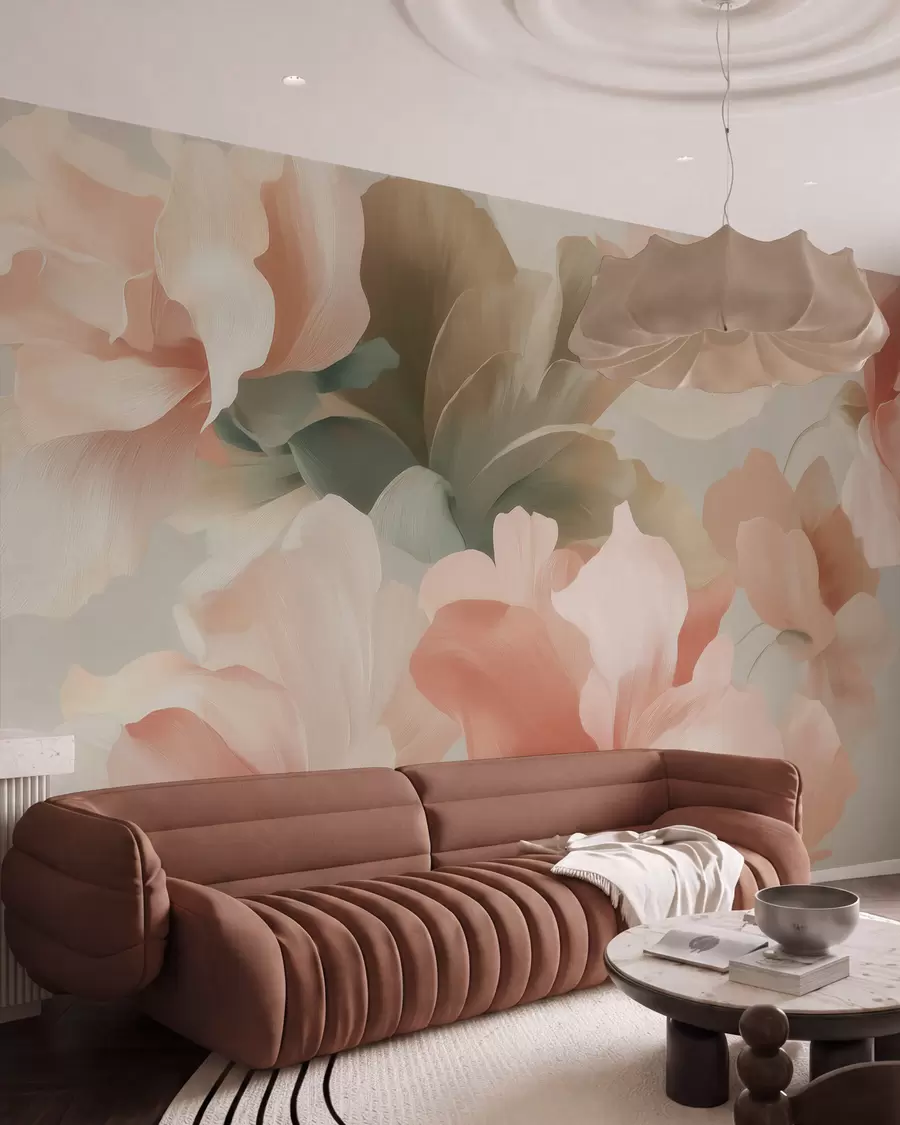 wall murals Large artistic flowers in soft pastel shades of cream, pink, and green w09935