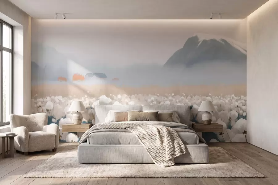wall murals Cotton field in a misty northern landscape, painterly style w09934