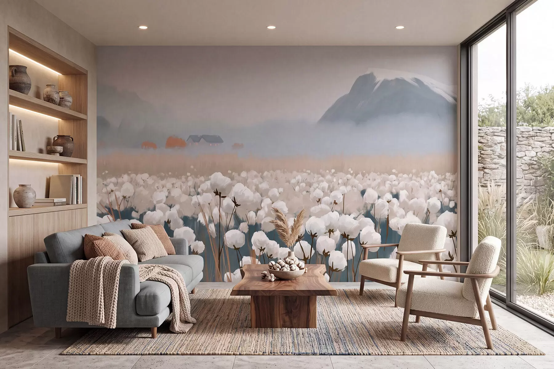 wall murals Cotton field in a misty northern landscape, painterly style w09934