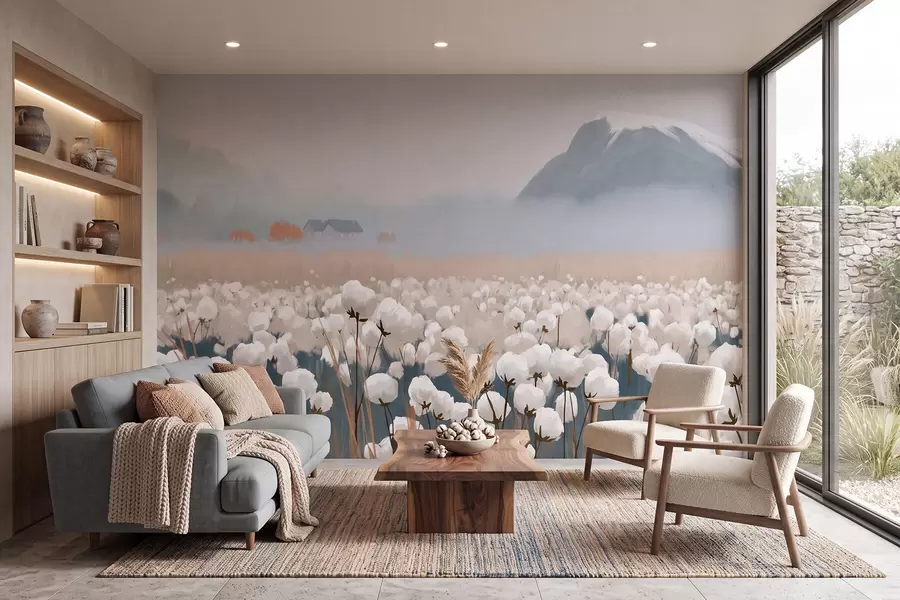 wall murals Cotton field in a misty northern landscape, painterly style w09934