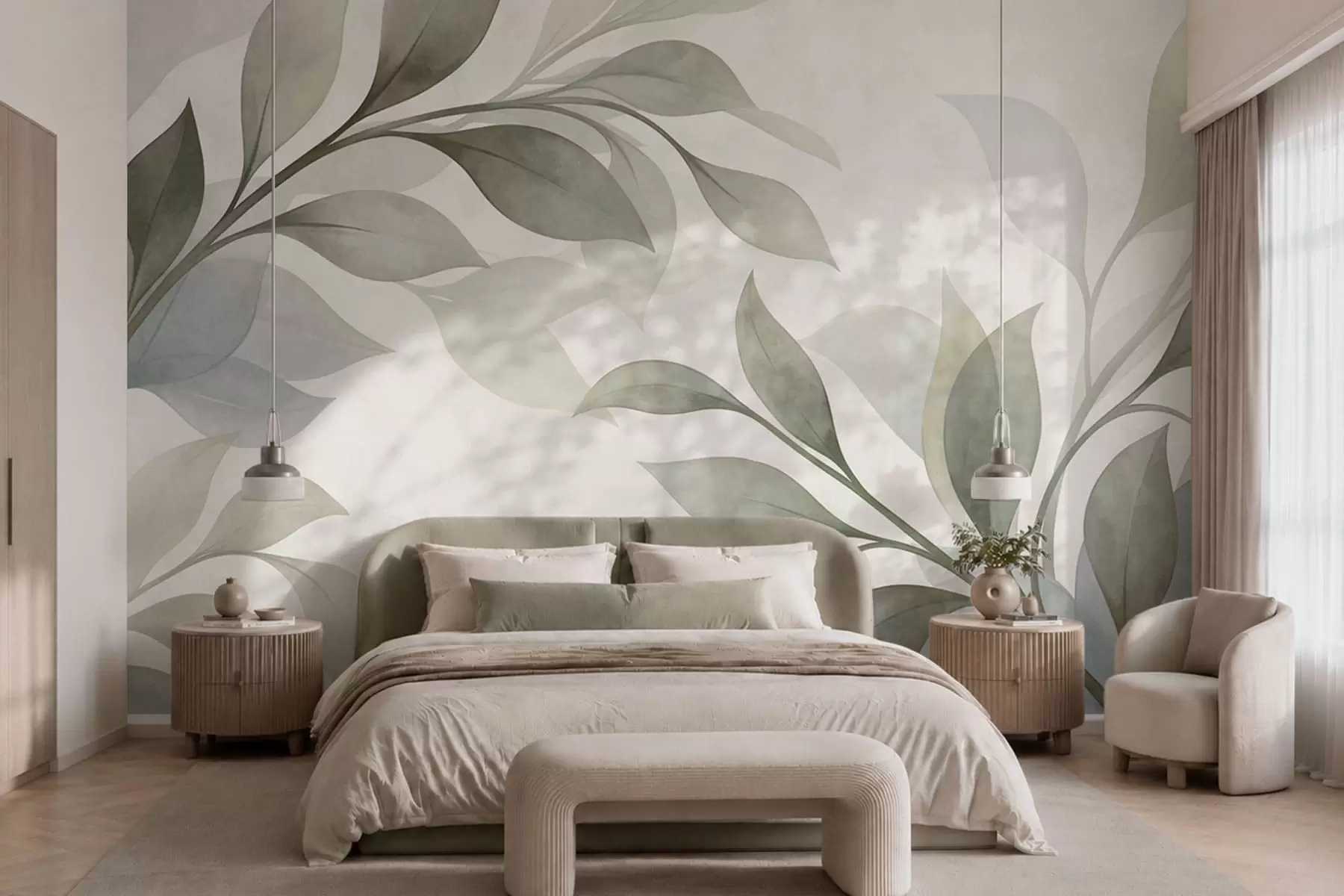 wall murals Large leaves in soft green and blue tones w05693