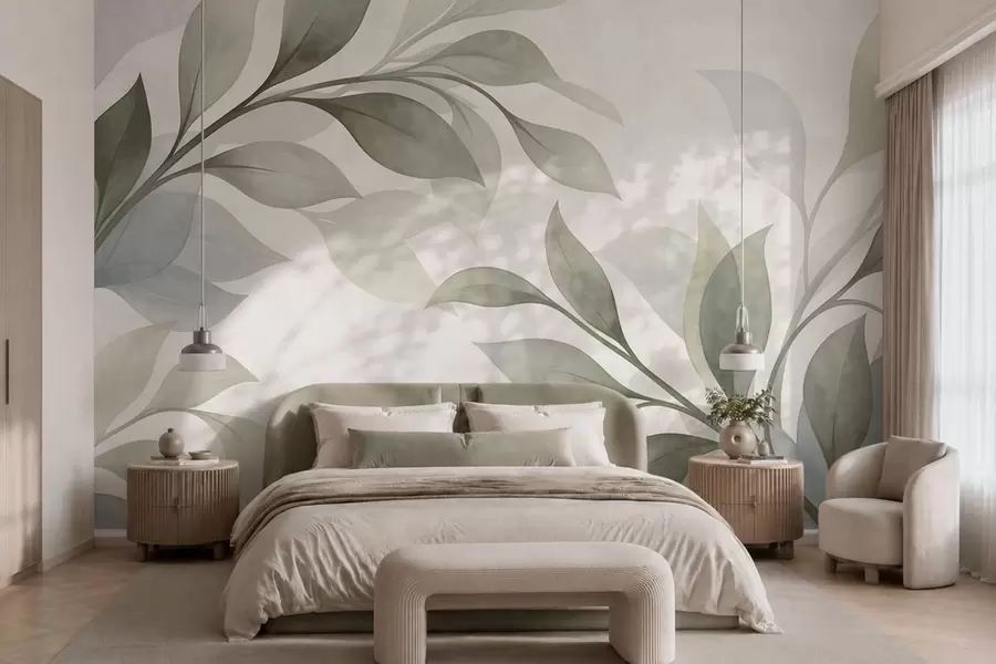 wall murals Large leaves in soft green and blue tones w05693