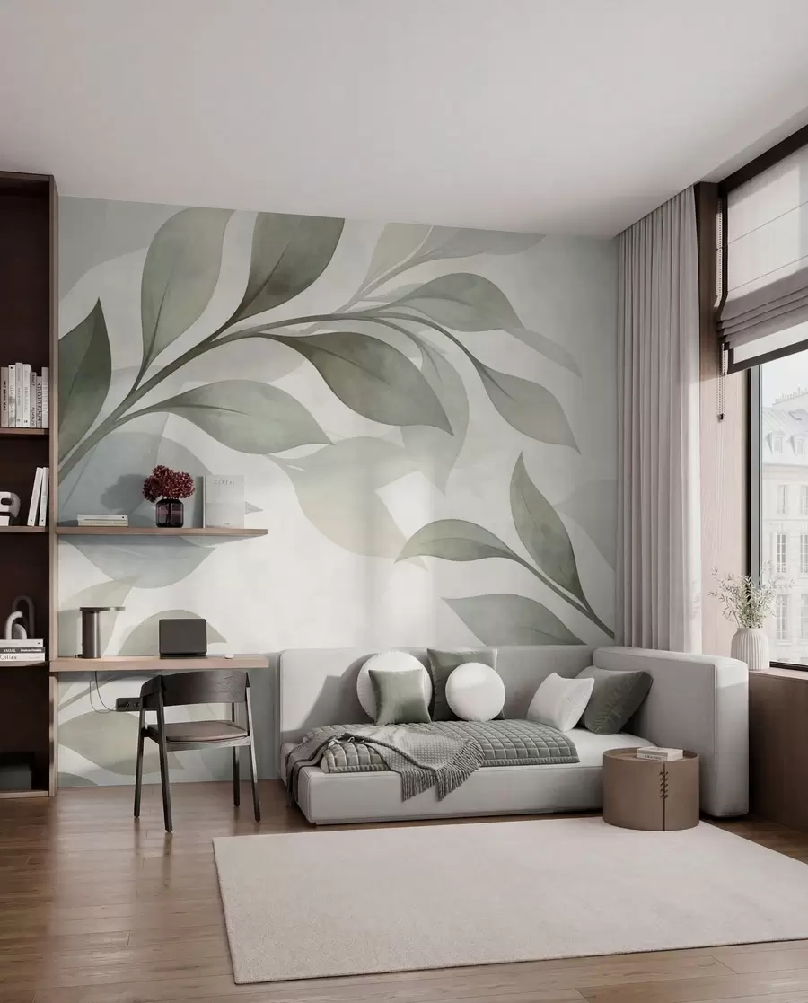 wall murals Large Leaves in Blue and Green w05693
