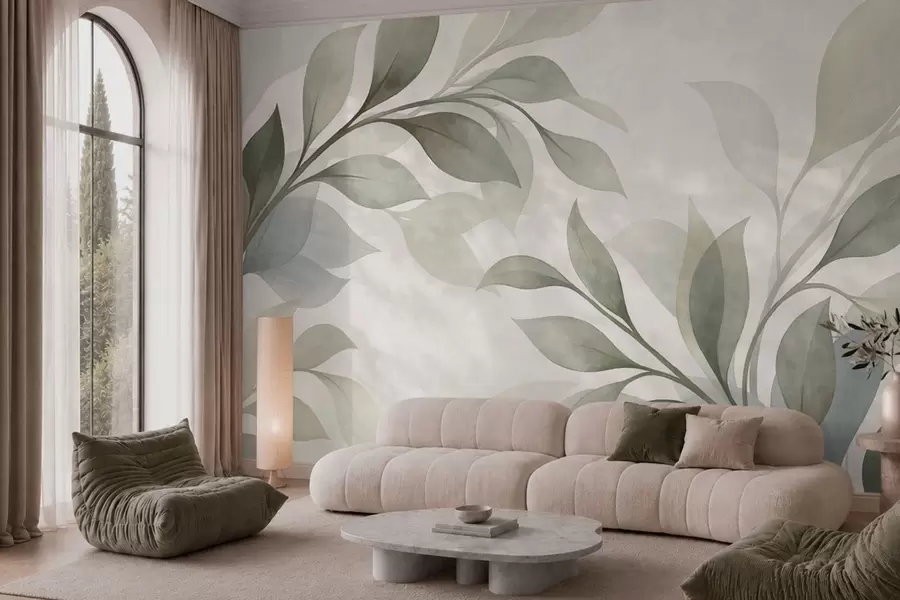 wall murals Large leaves in soft green and blue tones w05693