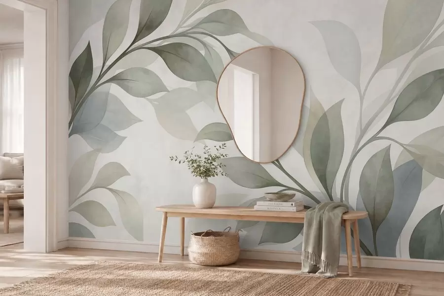 wall murals Large leaves in soft green and blue tones w05693