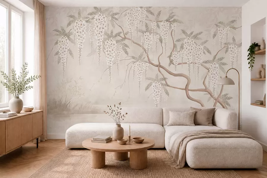 wall murals White cascading blossoms above calm water w05694
