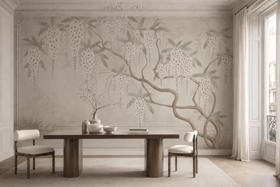 wall murals White cascading blossoms above calm water w05694