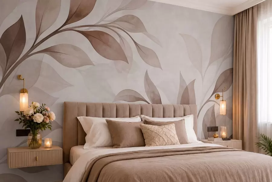wall murals Large leaves in warm beige and brown tones w05693v1