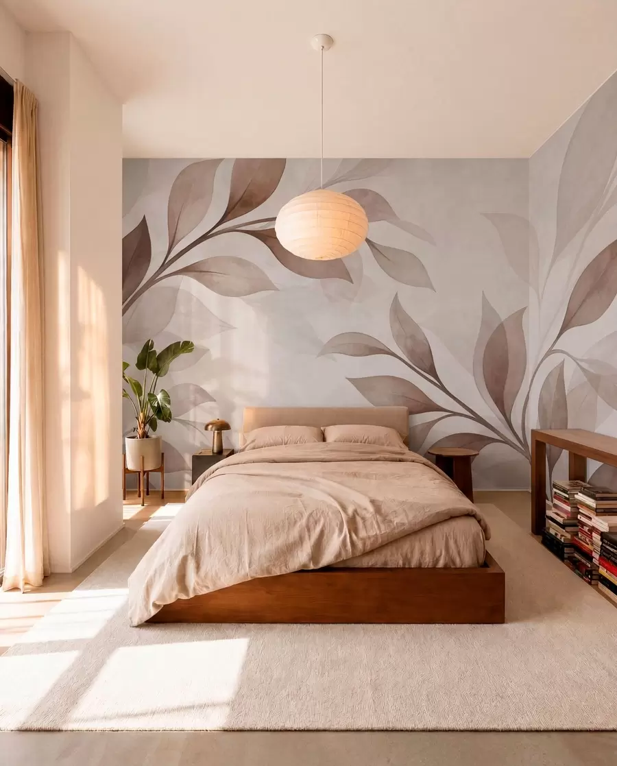 wall murals Large leaves in warm beige and brown tones w05693v1