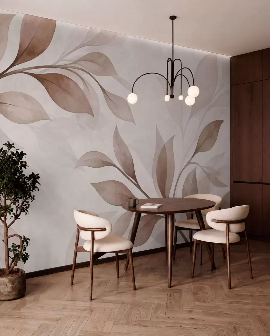 wall murals Large leaves in warm beige and brown tones w05693v1